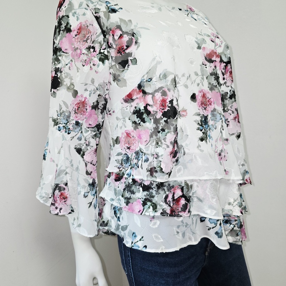 Alex Evenings Blouse Top Brocade Floral Layered Ruffle 3/4 Slv Cocktail Size L - Picture 6 of 9
